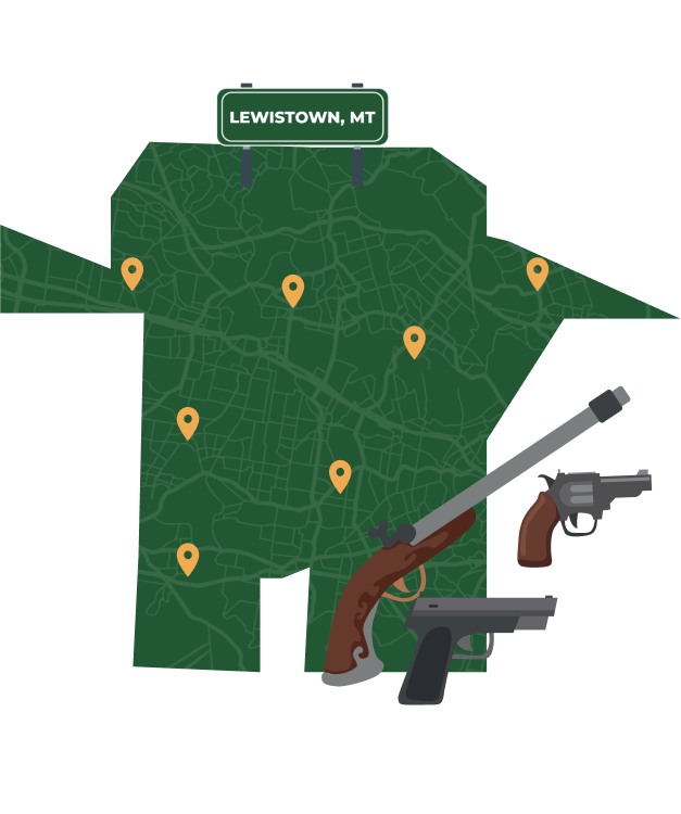 Picture of Lewistown, Montana City Map with Lewistown sign on it and places that we buy guns from.