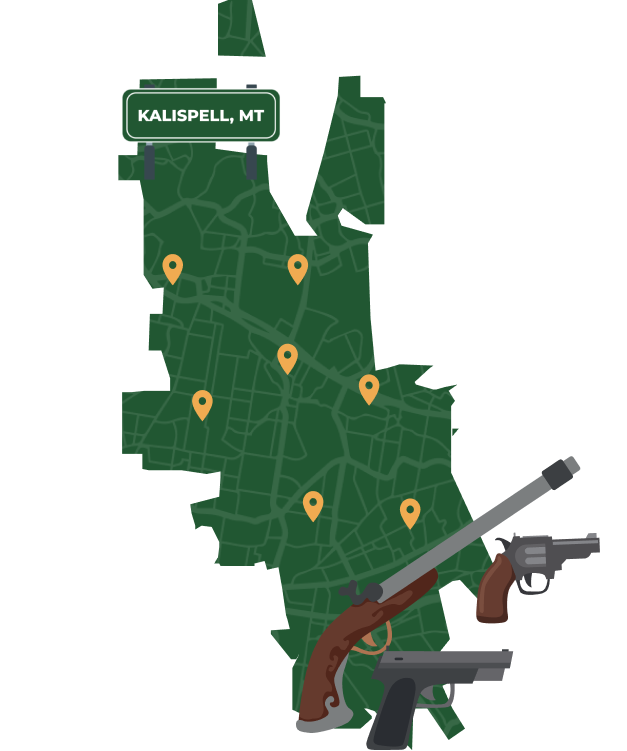 Picture of Kalispell, Montana City Map with Kalispell sign on it and places that we buy guns from.
