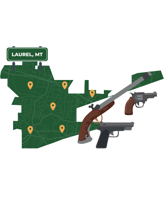 Picture of Laurel, Montana City Map with Laurel sign on it and places that we buy guns from.