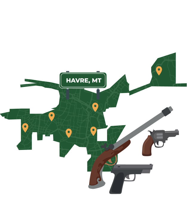 Picture of Havre, Montana City Map with Havre sign on it and places that we buy guns from.