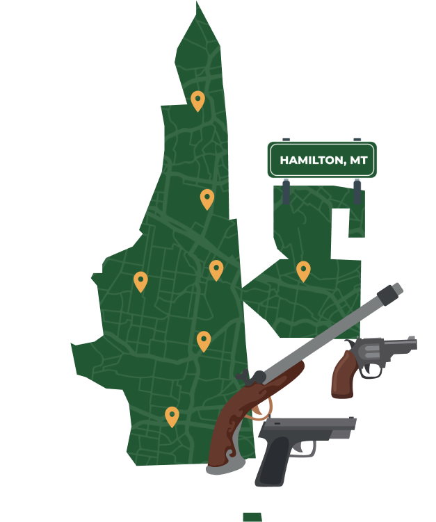 Picture of Hamilton, Montana City Map with Hamilton sign on it and places that we buy guns from.