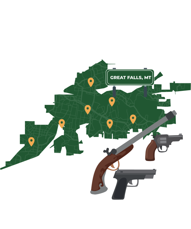 Picture of Great Falls, Montana City Map with Great Falls sign on it and places that we buy guns from.