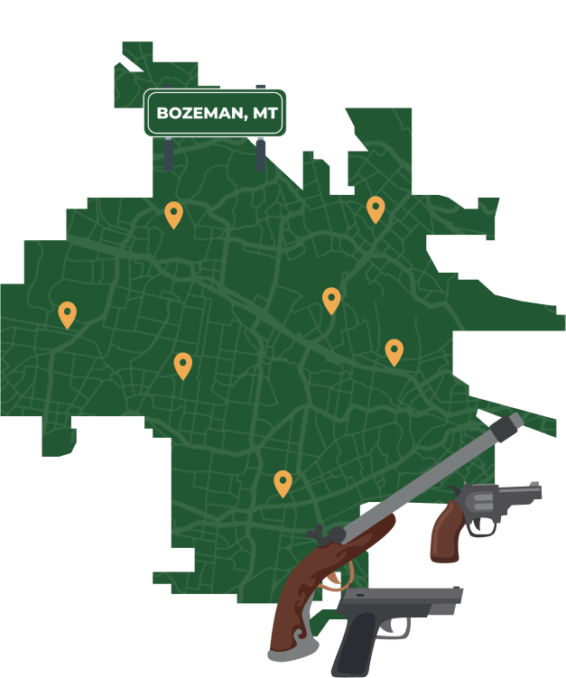 Picture of Bozeman, Montana City Map with Bozeman sign on it and places that we buy guns from.