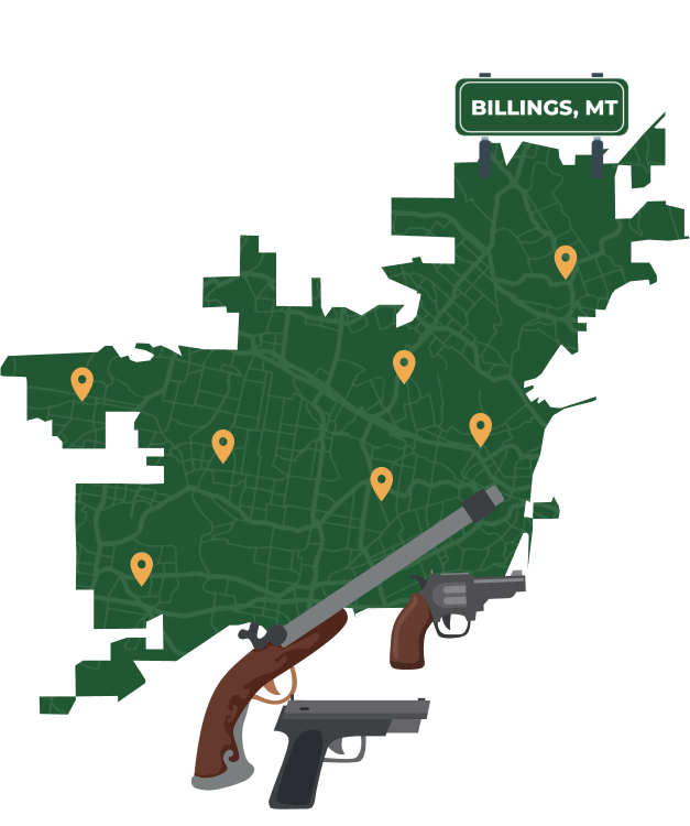 Picture of Billings, Montana City Map with Billings sign on it and places that we buy guns from.