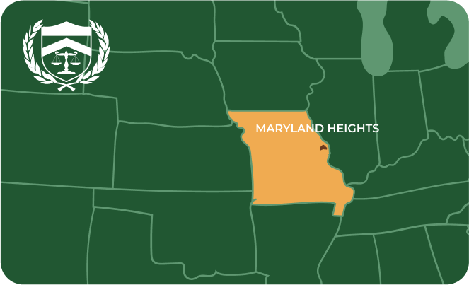 State map with Maryland Heights, Missouri highlighted, showing that Cash for Arms purchases guns in Maryland Heights