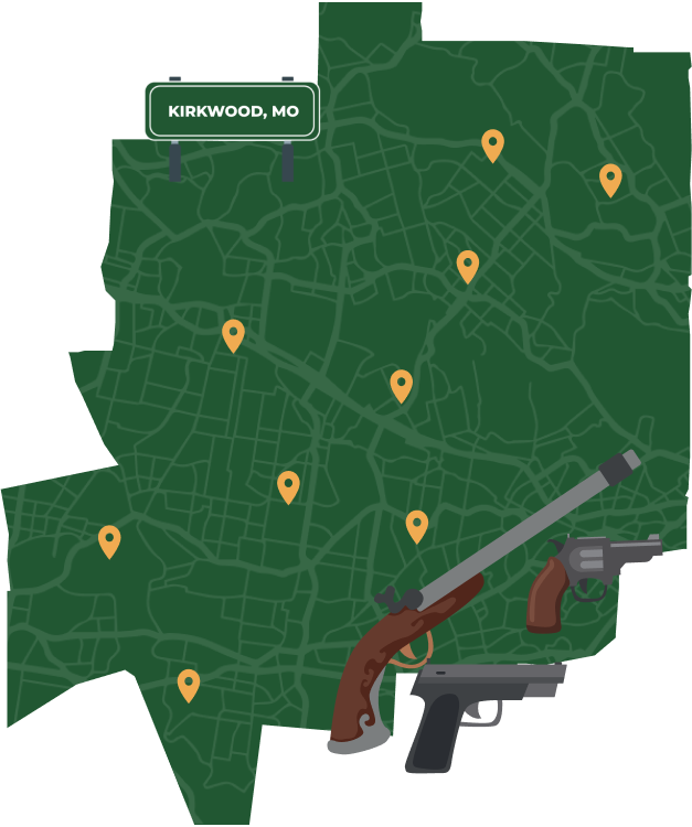 Picture of Kirkwood, Missouri City Map with Kirkwood sign on it and places that we buy guns from.