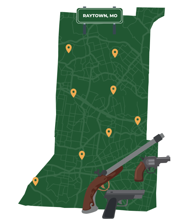 Picture of Raytown, Missouri City Map with Raytown sign on it and places that we buy guns from.