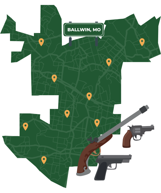 Picture of Ballwin, Missouri City Map with Ballwin sign on it and places that we buy guns from.