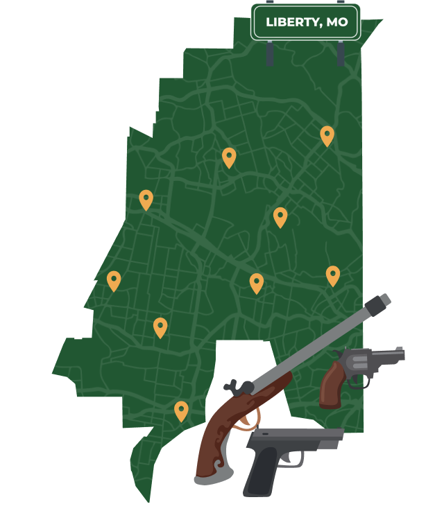 Picture of Liberty, Missouri City Map with Liberty sign on it and places that we buy guns from.
