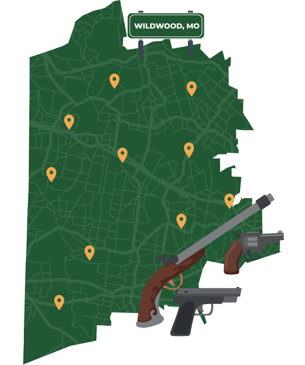 Picture of Wildwood, Missouri City Map with Wildwood sign on it and places that we buy guns from.