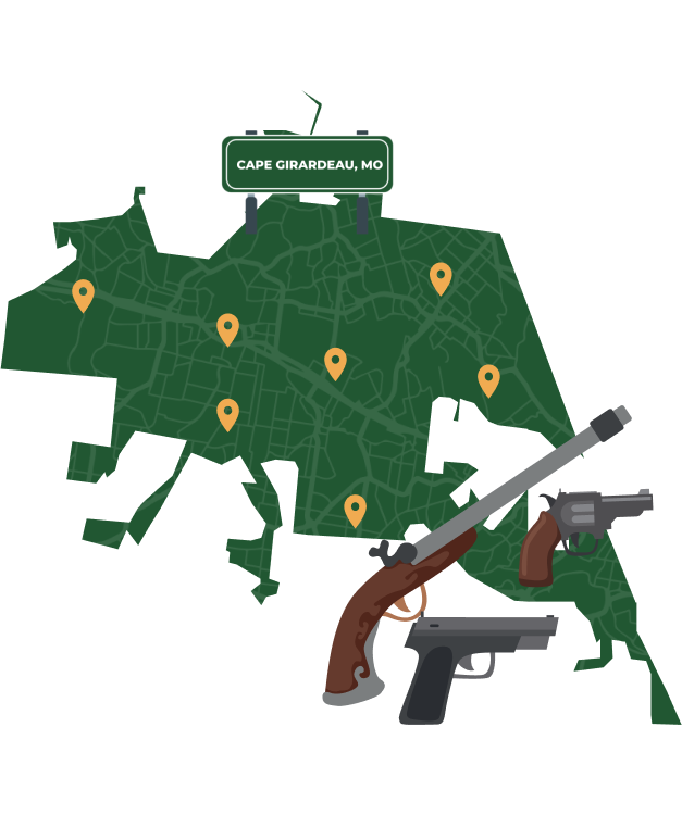 Picture of Cape Girardeau, Missouri City Map with Cape Girardeau sign on it and places that we buy guns from.
