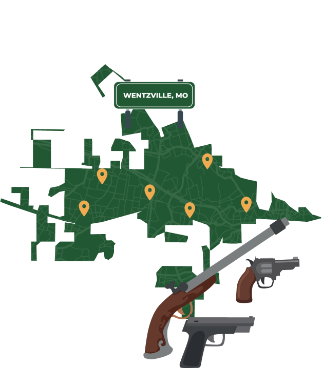 Picture of Wentzville, Missouri City Map with Wentzville sign on it and places that we buy guns from.