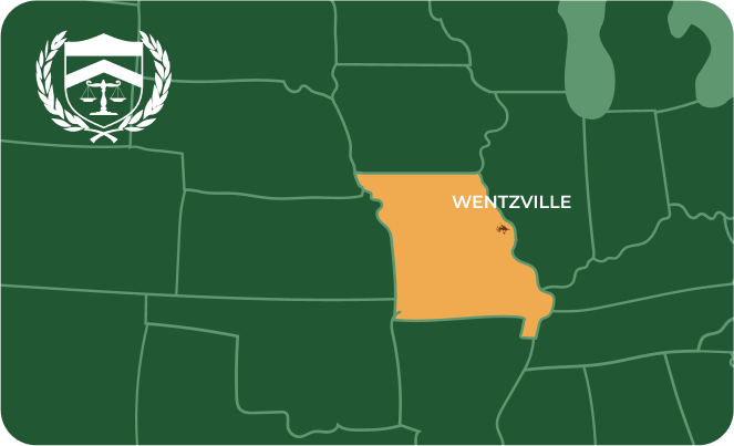 State map with Wentzville, Missouri highlighted, showing that Cash for Arms purchases guns in Wentzville