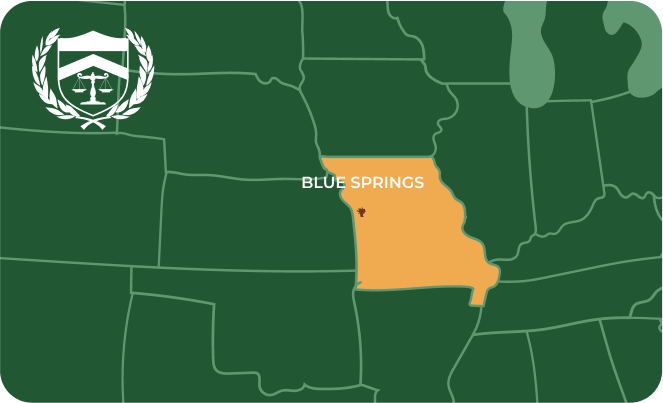 State map with Blue Springs, Missouri highlighted, showing that Cash for Arms purchases guns in Blue Springs