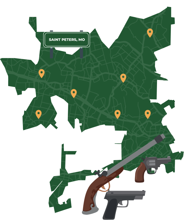 Picture of Saint Peters, Missouri City Map with Saint Peters sign on it and places that we buy guns from.