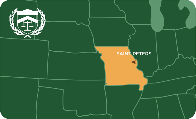 State map with Saint Peters, Missouri highlighted, showing that Cash for Arms purchases guns in Saint Peters