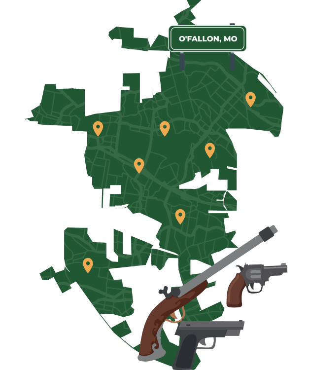 Picture of O'Fallon, Missouri City Map with O'Fallon sign on it and places that we buy guns from.