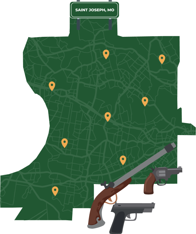 Picture of Saint Joseph, Missouri City Map with Saint Joseph sign on it and places that we buy guns from.