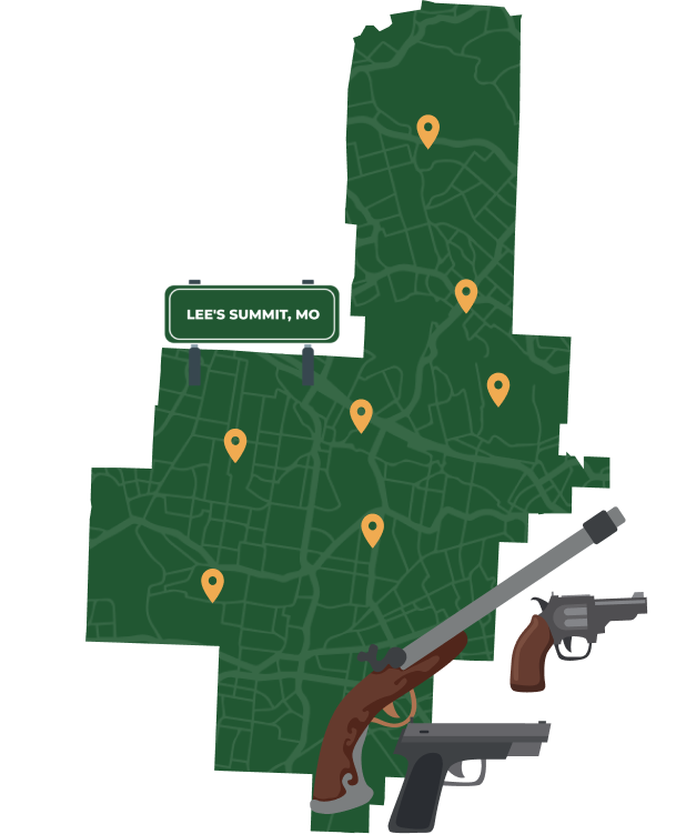 Picture of Lee's Summit, Missouri City Map with Lee's Summit sign on it and places that we buy guns from.