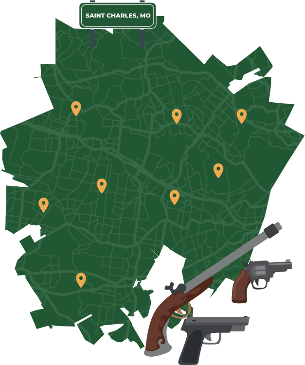 Picture of Saint Charles, Missouri City Map with Saint Charles sign on it and places that we buy guns from.