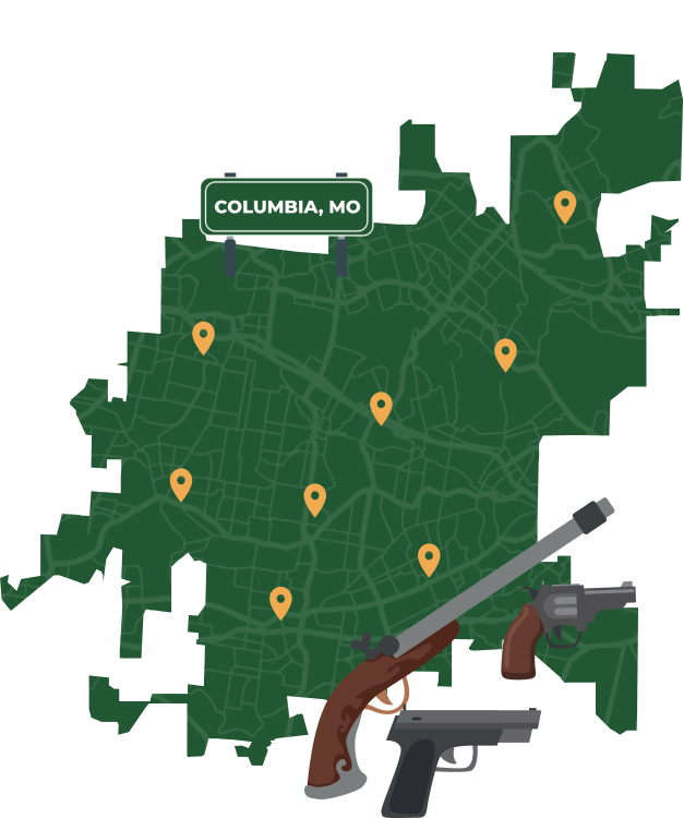 Picture of Columbia, Missouri City Map with Columbia sign on it and places that we buy guns from.