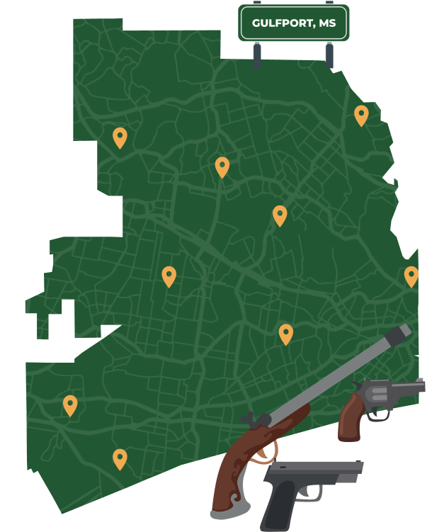 Picture of Gulfport, Mississippi City Map with Gulfport sign on it and places that we buy guns from.