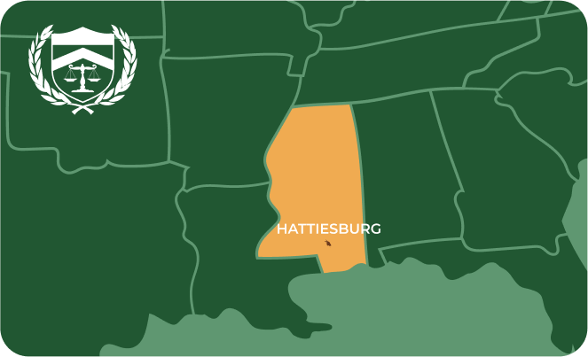 State map with Hattiesburg, Mississippi highlighted, showing that Cash for Arms purchases guns in Hattiesburg