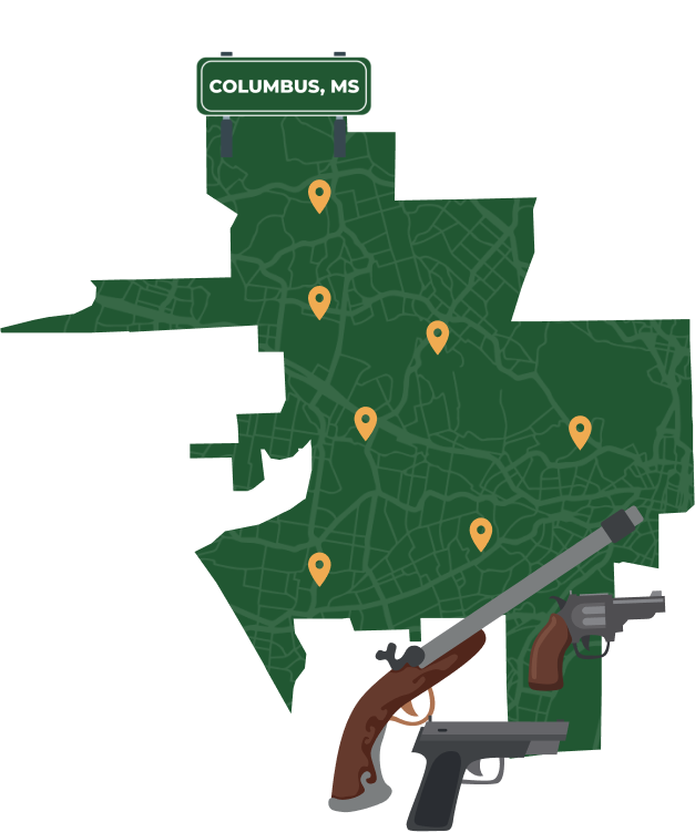 Picture of Columbus, Mississippi City Map with Columbus sign on it and places that we buy guns from.