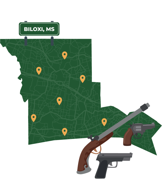Picture of Biloxi, Mississippi City Map with Biloxi sign on it and places that we buy guns from.