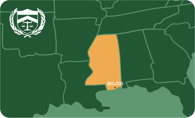 State map with Biloxi, Mississippi highlighted, showing that Cash for Arms purchases guns in Biloxi