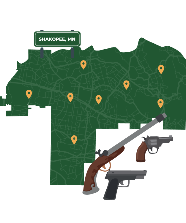 Picture of Shakopee, Minnesota City Map with Shakopee sign on it and places that we buy guns from.