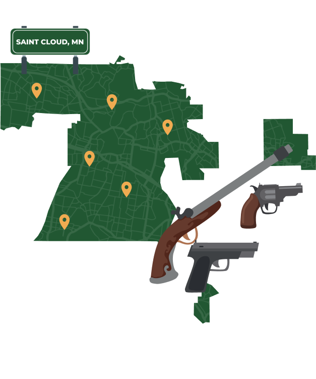 Picture of Saint Cloud, Minnesota City Map with Saint Cloud sign on it and places that we buy guns from.