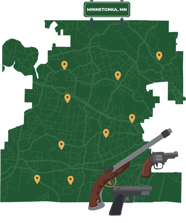 Picture of Minnetonka, Minnesota City Map with Minnetonka sign on it and places that we buy guns from.