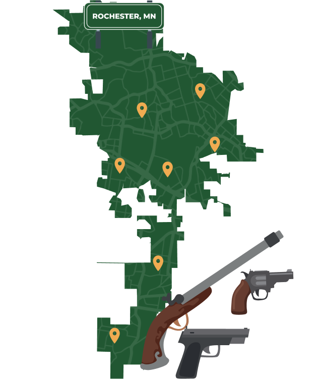 Picture of Rochester, Minnesota City Map with Rochester sign on it and places that we buy guns from.