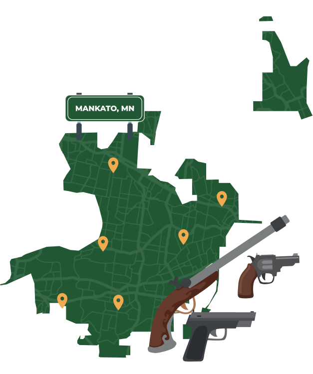 Picture of Mankato, Minnesota City Map with Mankato sign on it and places that we buy guns from.