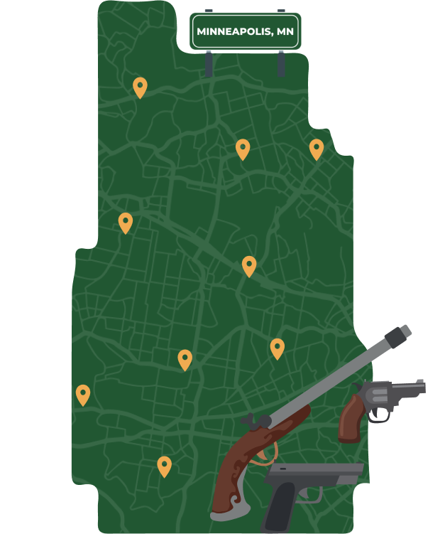 Picture of Minneapolis, Minnesota City Map with Minneapolis sign on it and places that we buy guns from.
