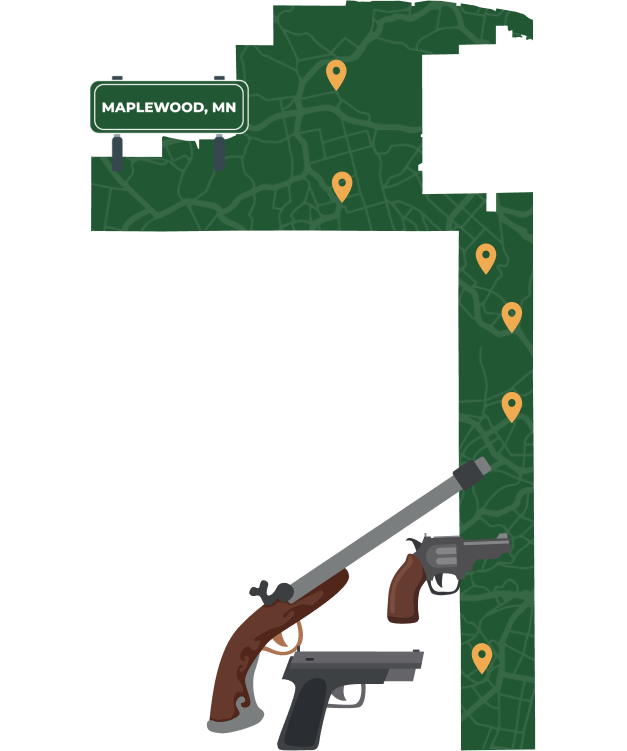 Picture of Maplewood, Minnesota City Map with Maplewood sign on it and places that we buy guns from.