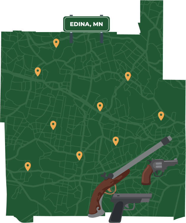 Picture of Edina, Minnesota City Map with Edina sign on it and places that we buy guns from.