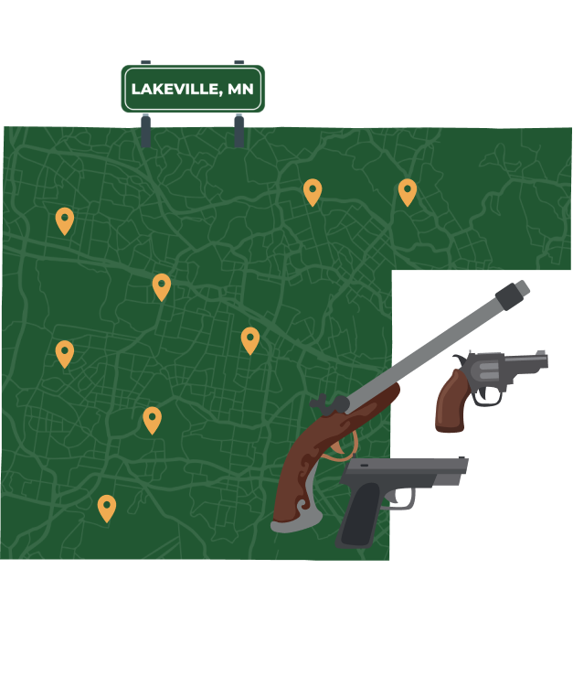 Picture of Lakeville, Minnesota City Map with Lakeville sign on it and places that we buy guns from.