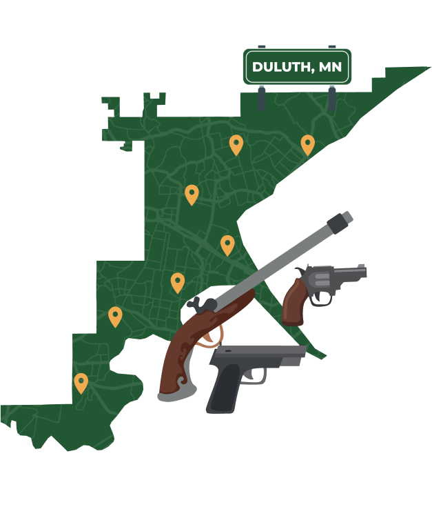 Picture of Duluth, Minnesota City Map with Duluth sign on it and places that we buy guns from.