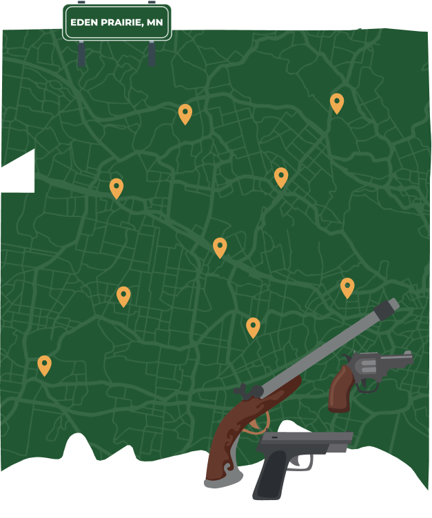 Picture of Eden Prairie, Minnesota City Map with Eden Prairie sign on it and places that we buy guns from.