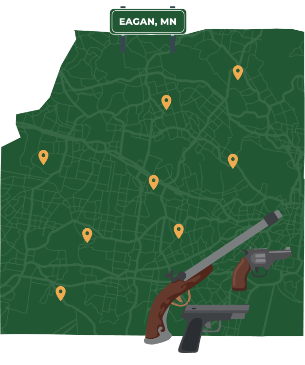 Picture of Eagan, Minnesota City Map with Eagan sign on it and places that we buy guns from.