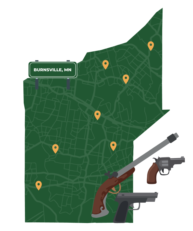 Picture of Burnsville, Minnesota City Map with Burnsville sign on it and places that we buy guns from.