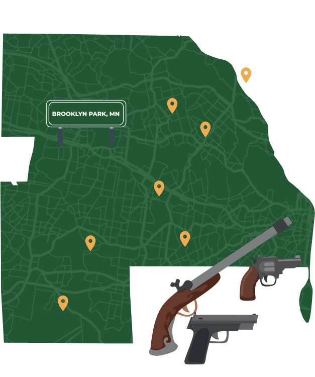 Picture of Brooklyn Park, Minnesota City Map with Brooklyn Park sign on it and places that we buy guns from.