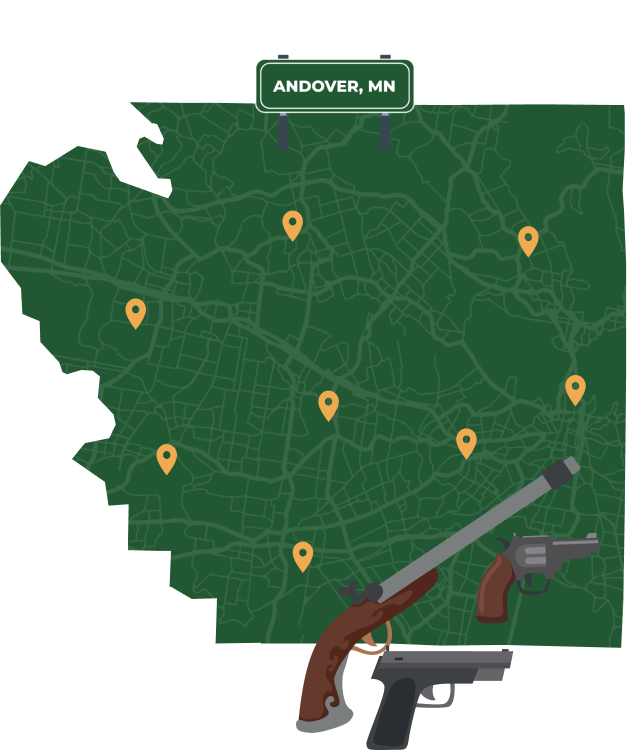 Picture of Andover, Minnesota City Map with Andover sign on it and places that we buy guns from.