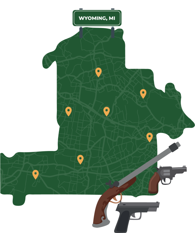 Picture of Wyoming, Michigan City Map with Wyoming sign on it and places that we buy guns from.