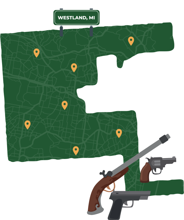 Picture of Westland, Michigan City Map with Westland sign on it and places that we buy guns from.
