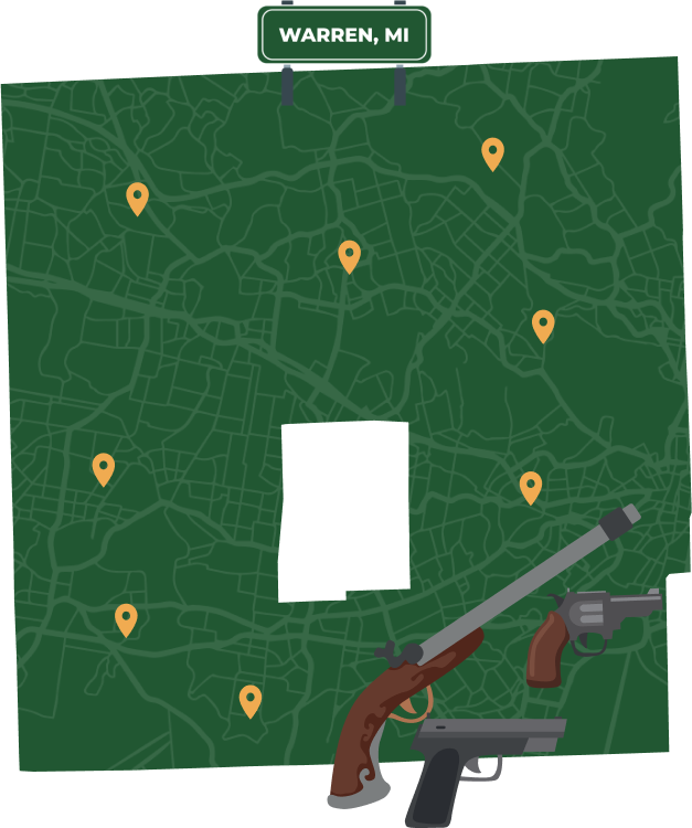 Picture of Warren, Michigan City Map with Warren sign on it and places that we buy guns from.