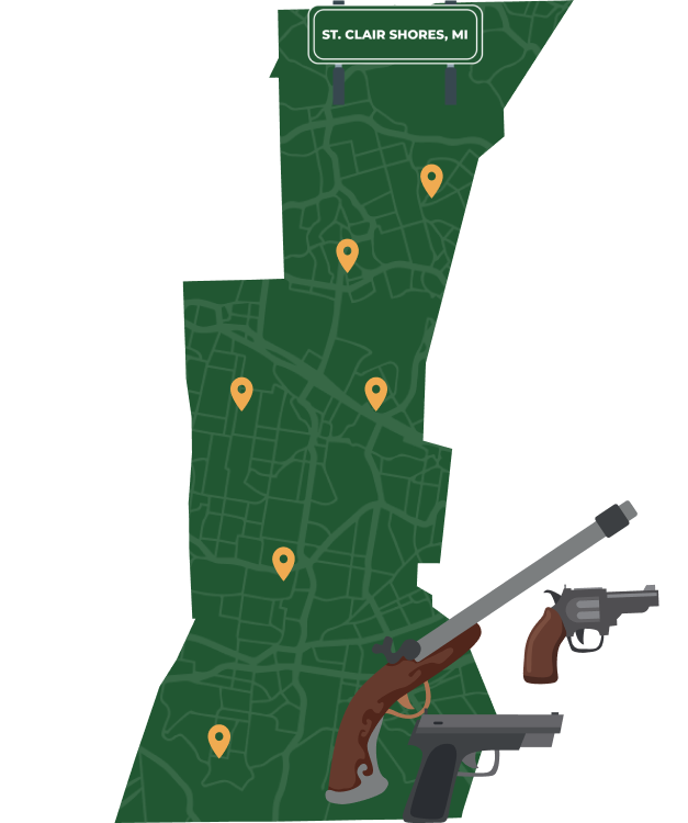 Picture of St. Clair Shores, Michigan City Map with St. Clair Shores sign on it and places that we buy guns from.