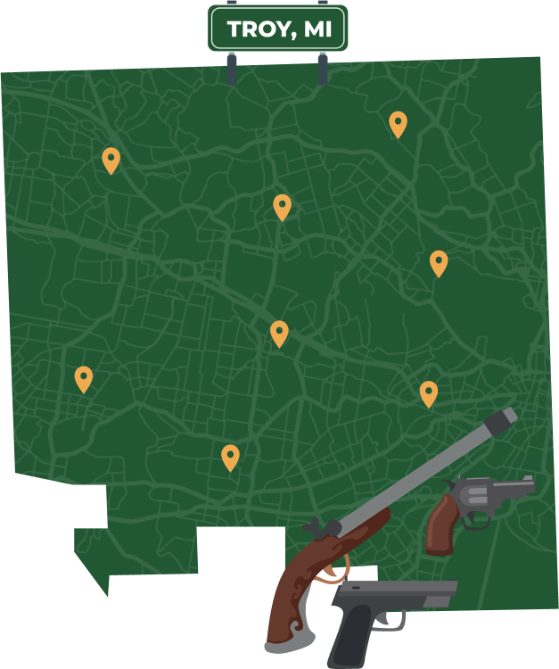 Picture of Troy, Michigan City Map with Troy sign on it and places that we buy guns from.